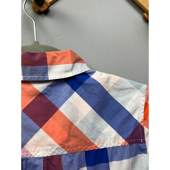 J Crew Blouse Womens size 00 Plaid popover long sleeve Orange/Blue Top - Picture 6 of 7